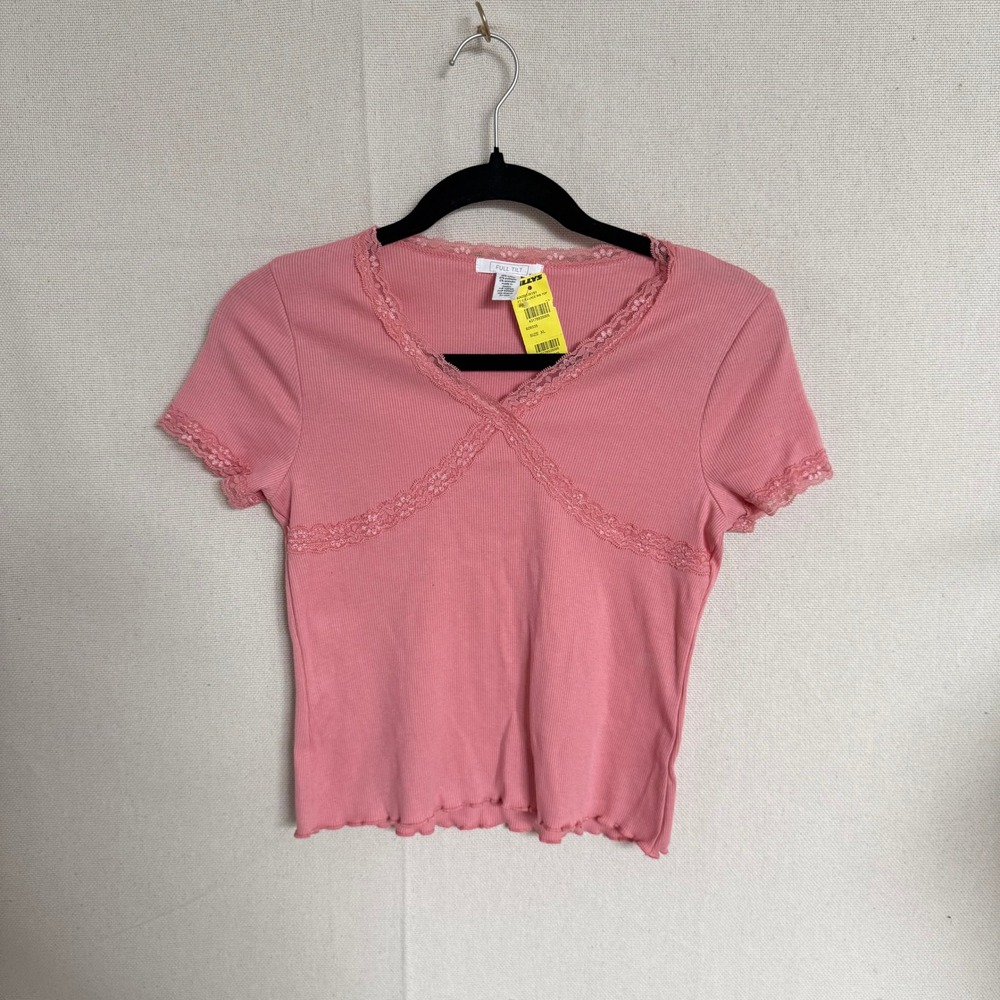 Full Tiltโ Girls Pink Ribbed Lace Trim V-Neck Short Sleeve Top Size XL NWT